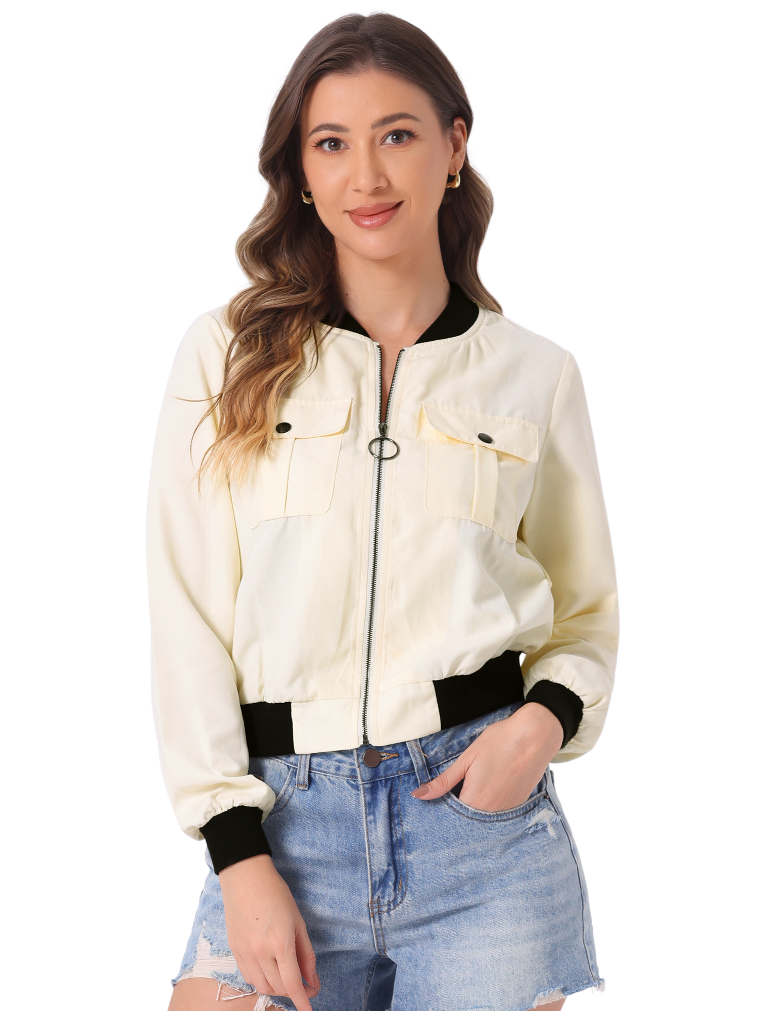 DARING DIVA Stand Collar Zip Up Flap Pocket Long Sleeve Bomber Jacket S Apricot