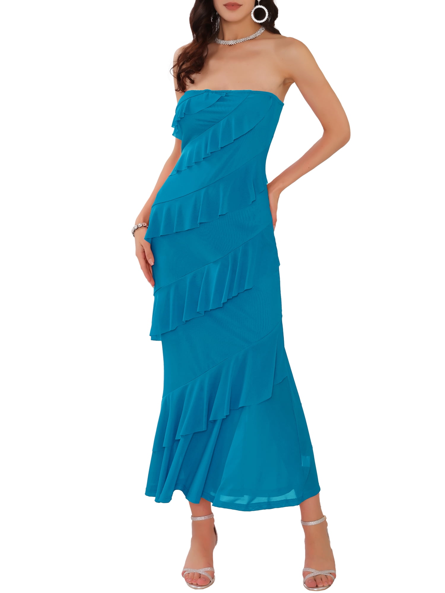 DARING DIVA Strapless Bodycon Ruffle Maxi Cocktail Wedding Dress L Blue Green