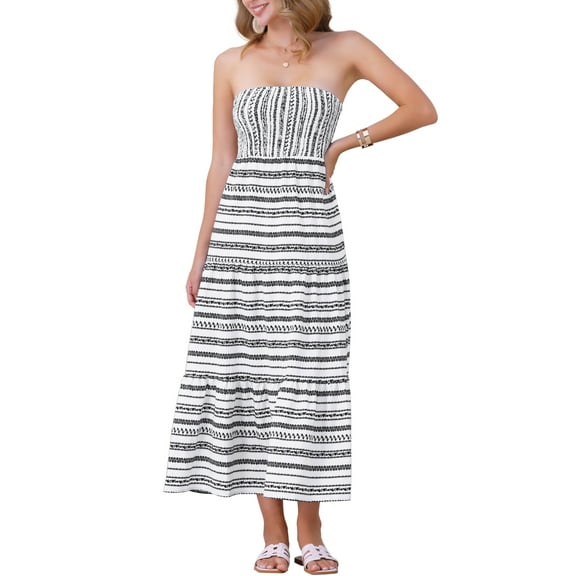 DARING DIVA Strapless Tube Bandeau Striped Maxi Dress L White