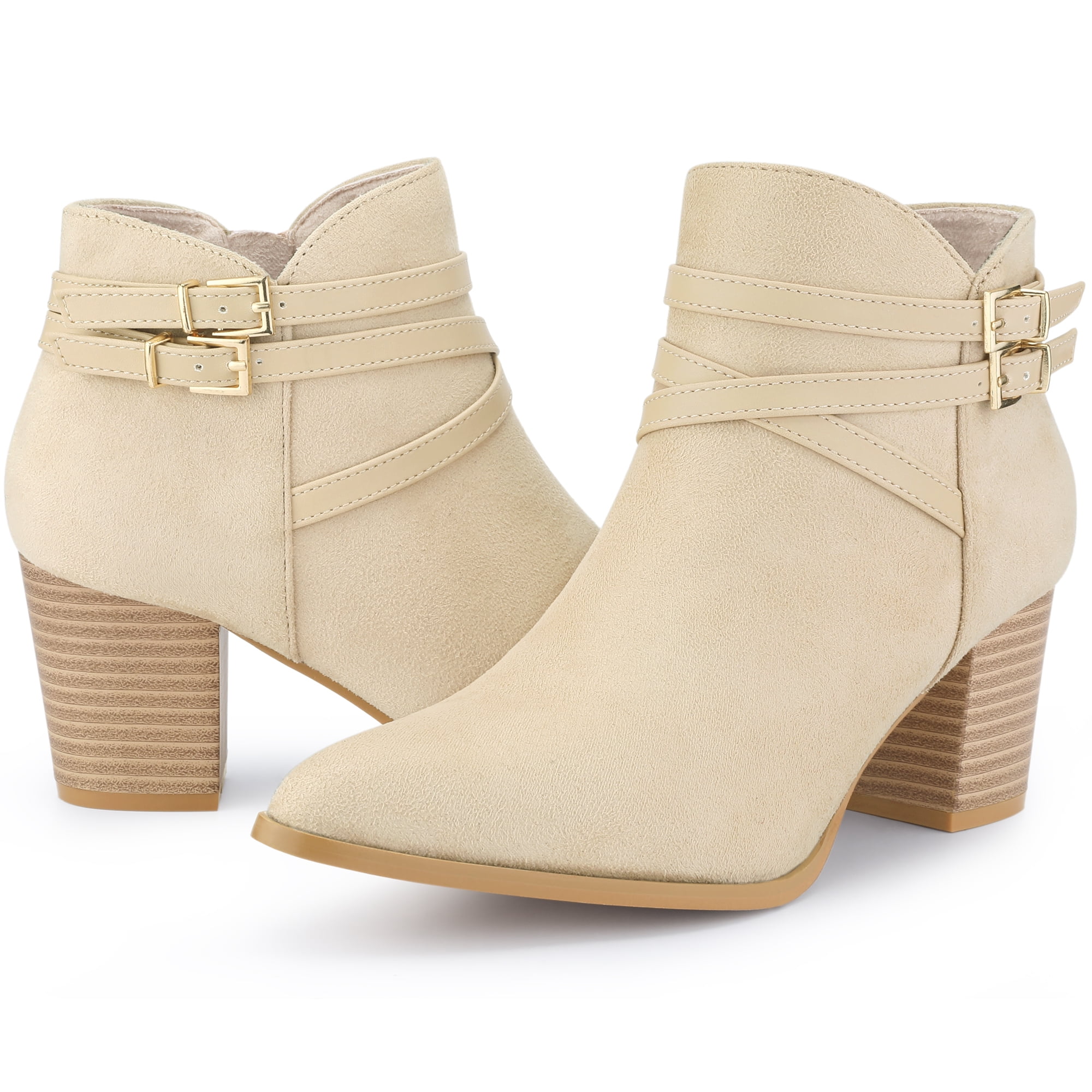 DARING DIVA Strappy Pointed Toe Buckle Chunky Heel Ankle Booties Beige 7