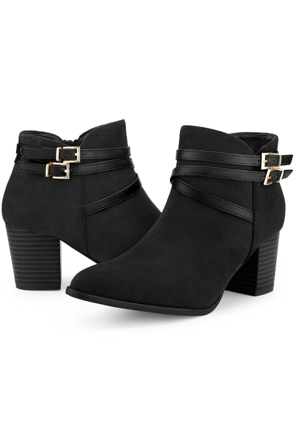 Strappy Pointed Toe Buckle Chunky Heel Ankle Booties Black 9.5