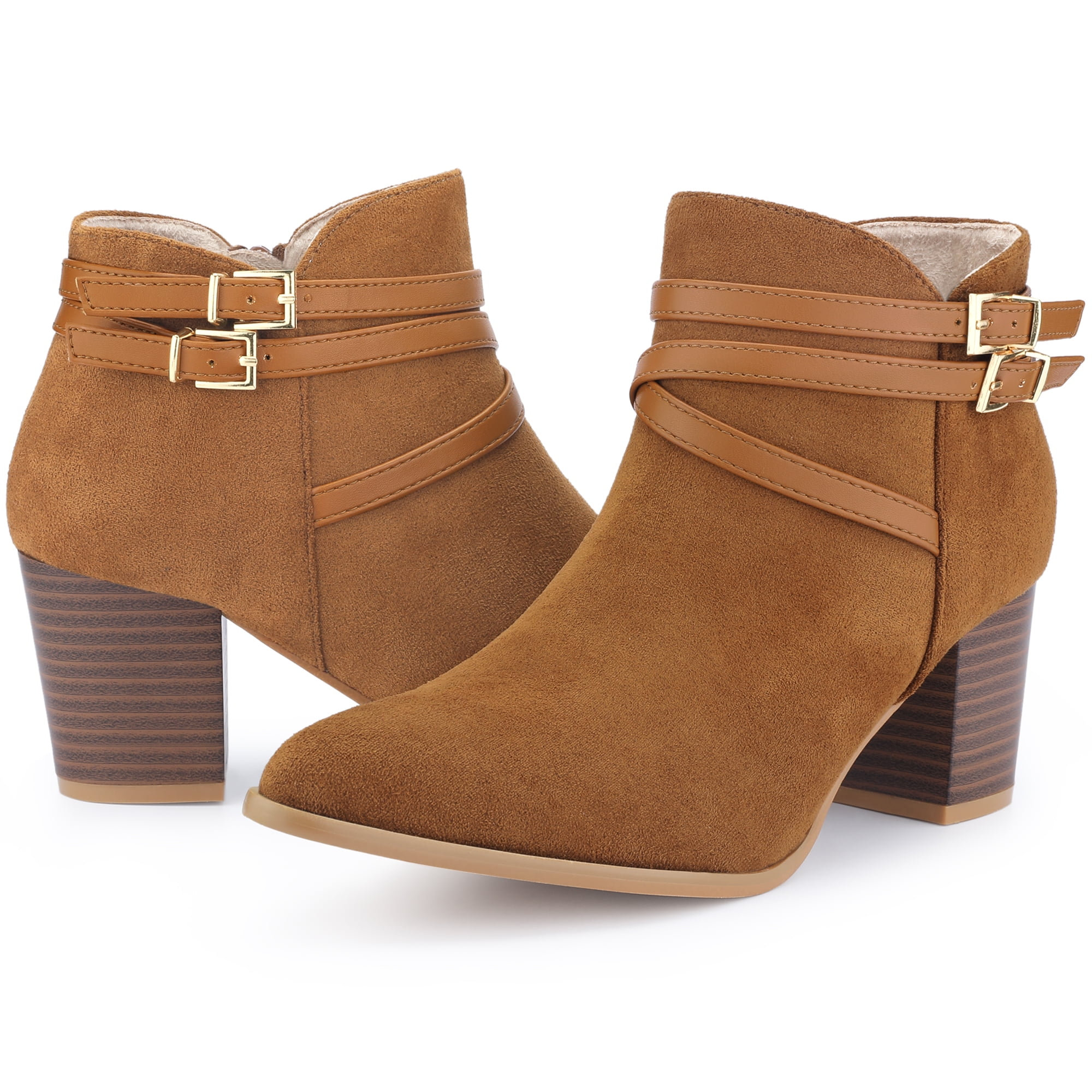 DARING DIVA Strappy Pointed Toe Buckle Chunky Heel Ankle Booties Brown 7