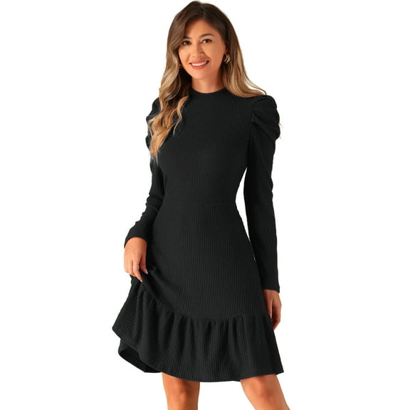 DARING DIVA Stretchy Puff Long Sleeve Ruffle Hem Knit Dress M Black
