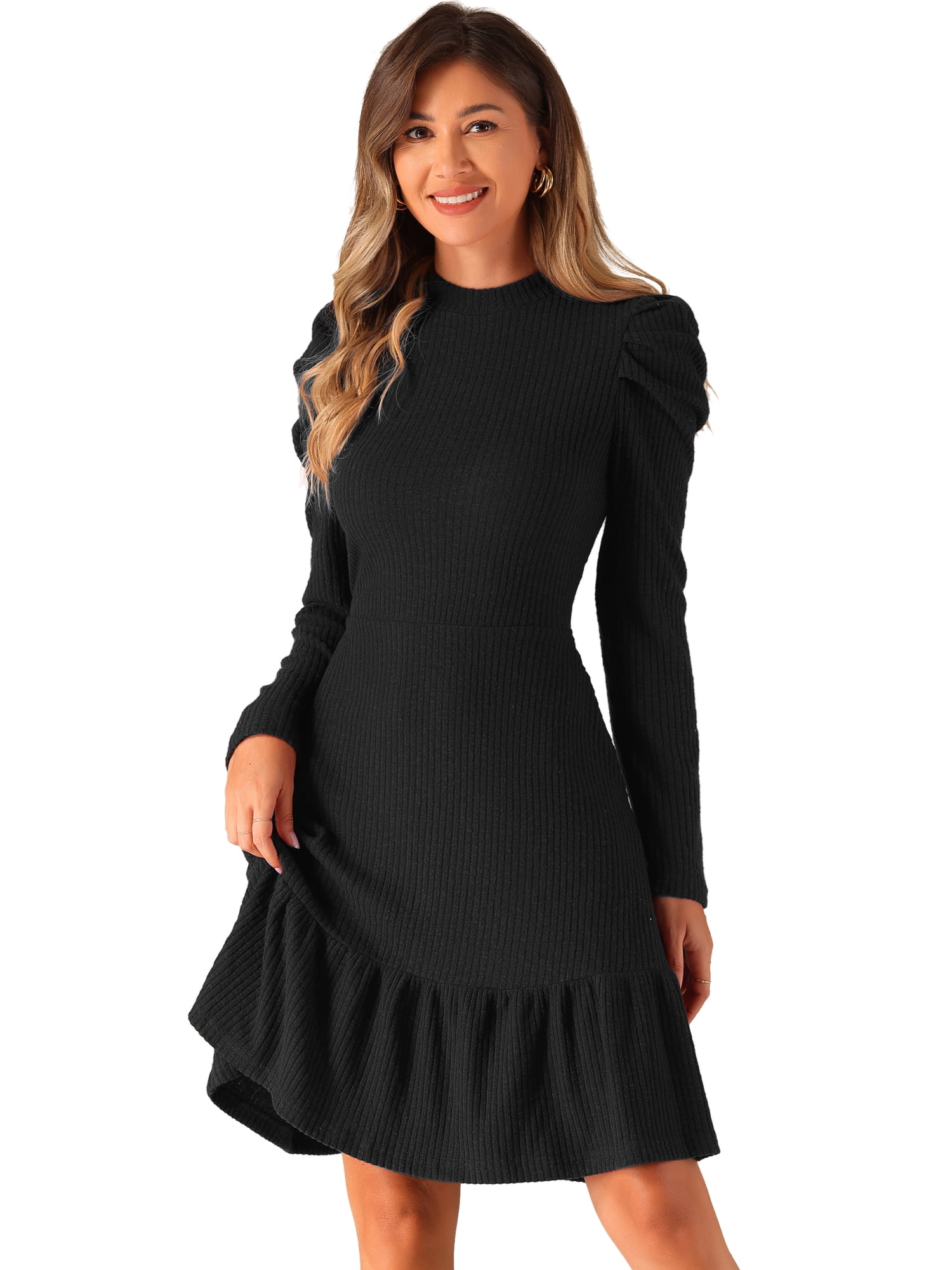 DARING DIVA Stretchy Puff Long Sleeve Ruffle Hem Knit Dress S Black