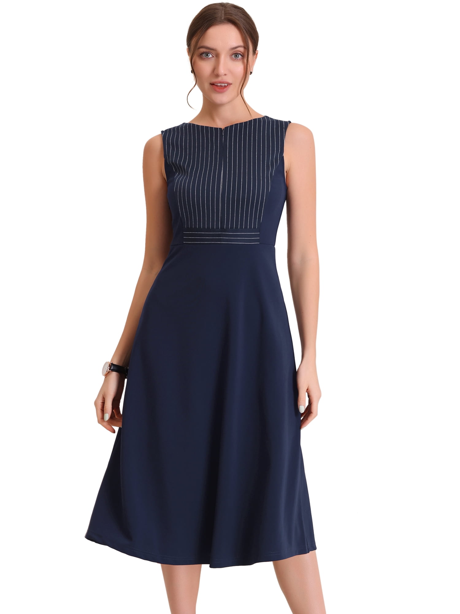 DARING DIVA Striped Crew Neck Sleeveless Midi Work Office Dress M Dark Blue