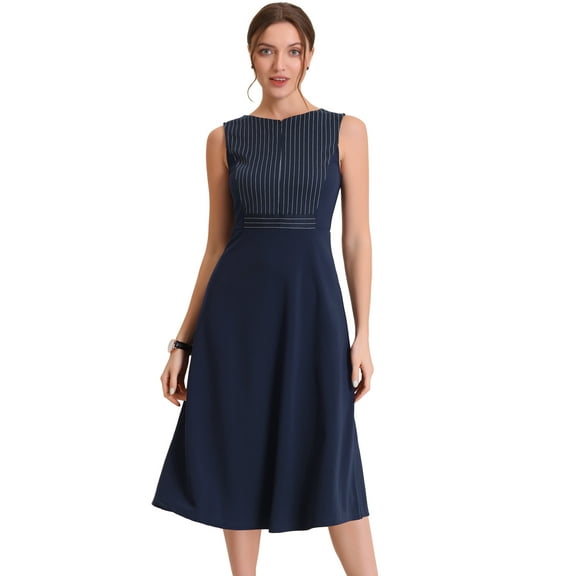 DARING DIVA Striped Crew Neck Sleeveless Midi Work Office Dress XS Dark Blue