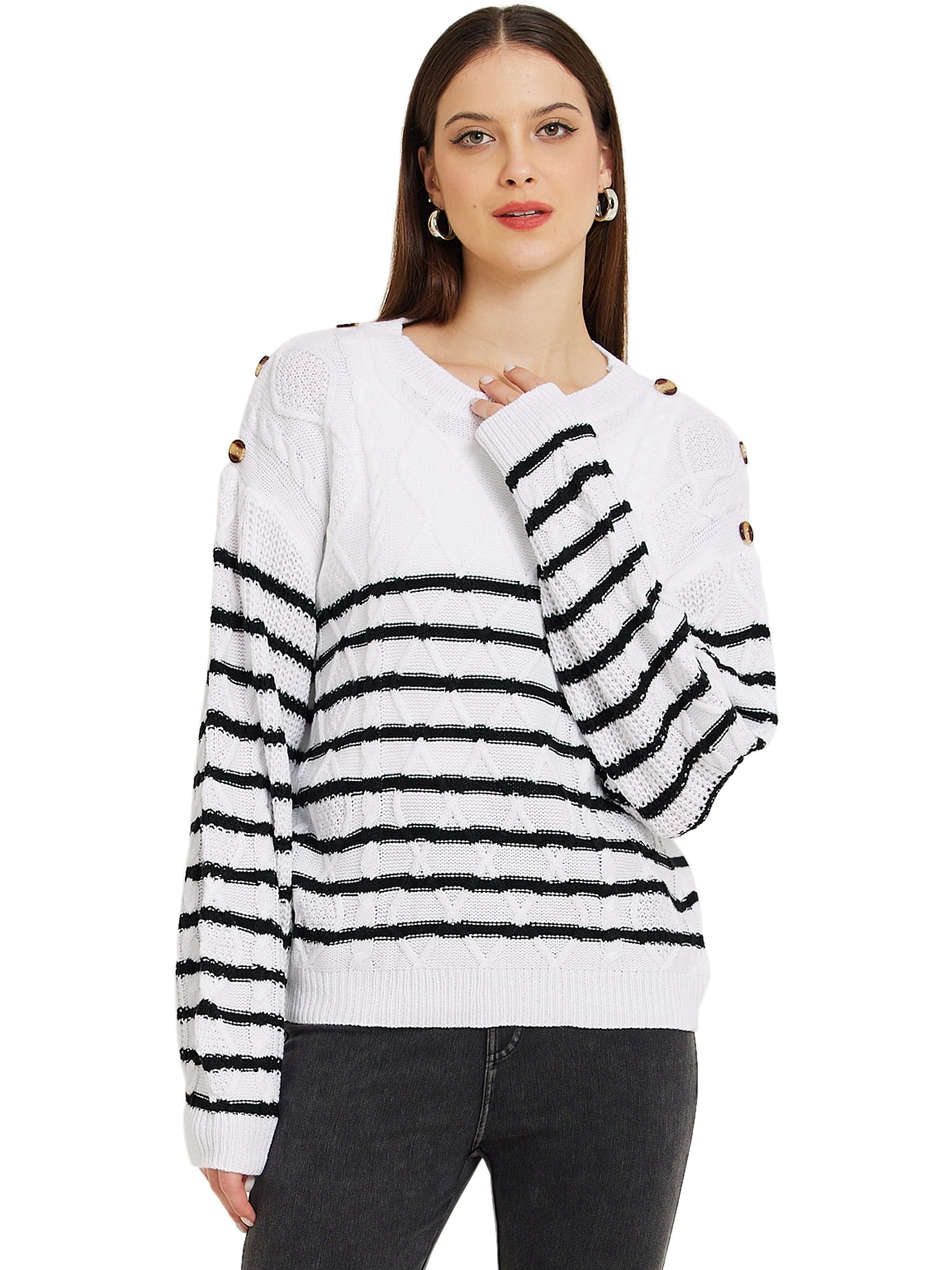 DARING DIVA Striped Pullover Crewneck Knitted Sweater S White