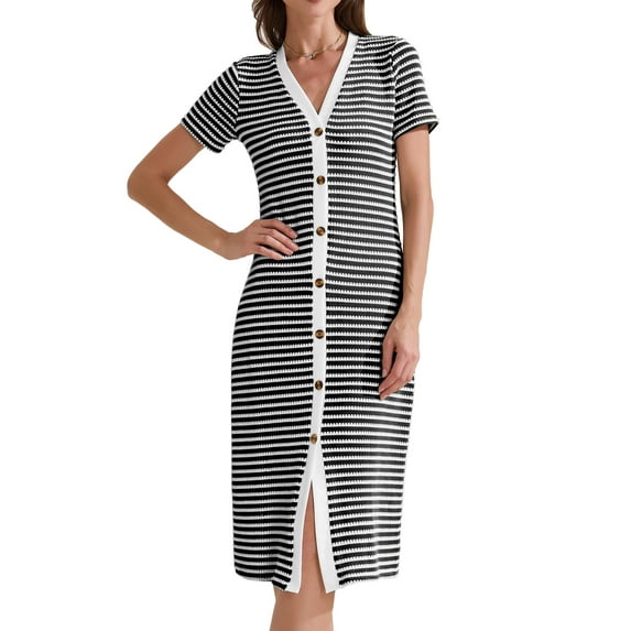 DARING DIVA Striped Ribbed Knit Short Sleeve Midi Dress L Black