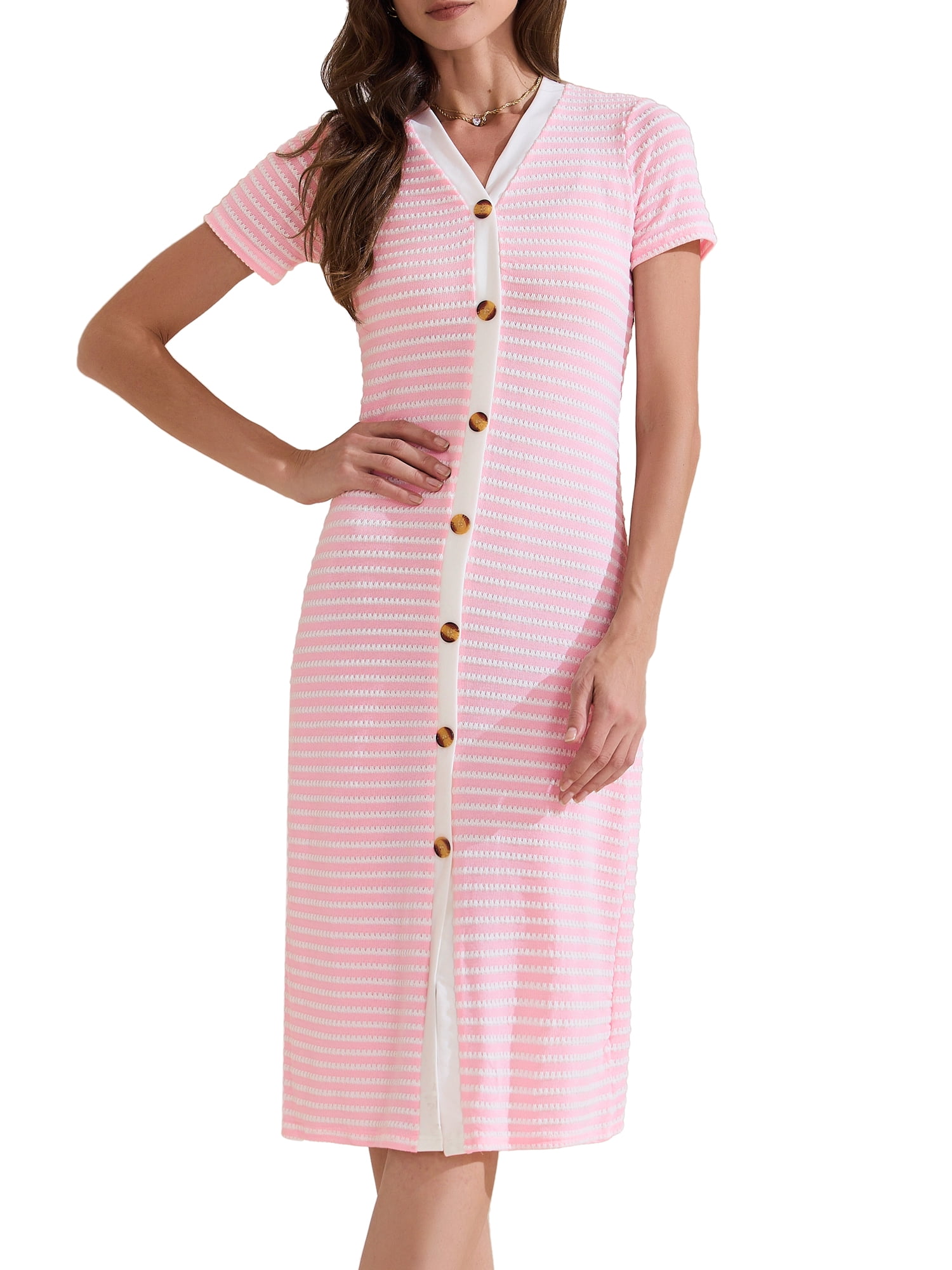DARING DIVA Striped Ribbed Knit Short Sleeve Midi Dress XS Pink