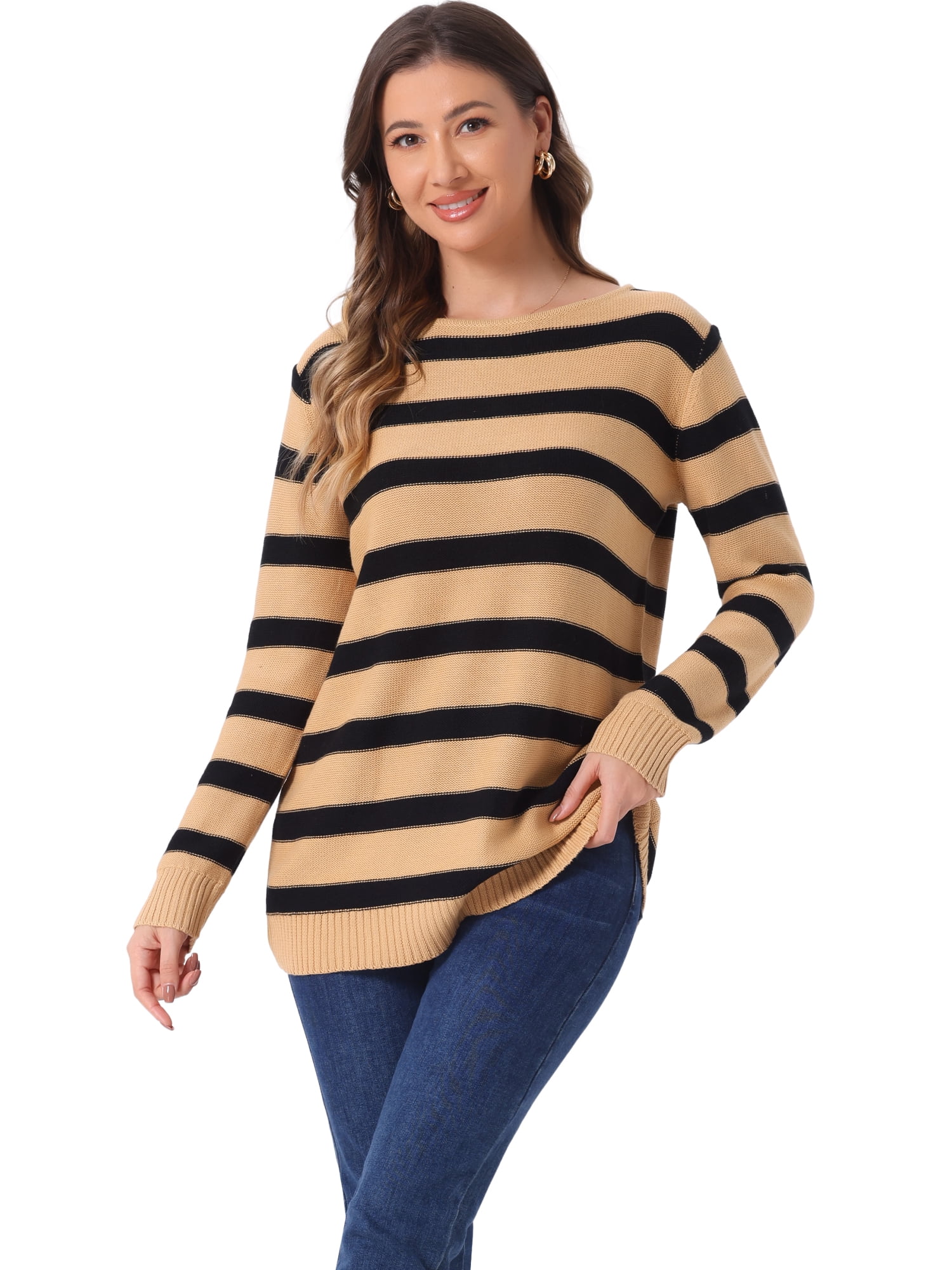 DARING DIVA Striped Round Neck Drop Shoulder Loose Sweater L Khaki
