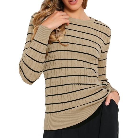 DARING DIVA Striped Round Neck Fall Winter Pullover Sweater Tops L Brown