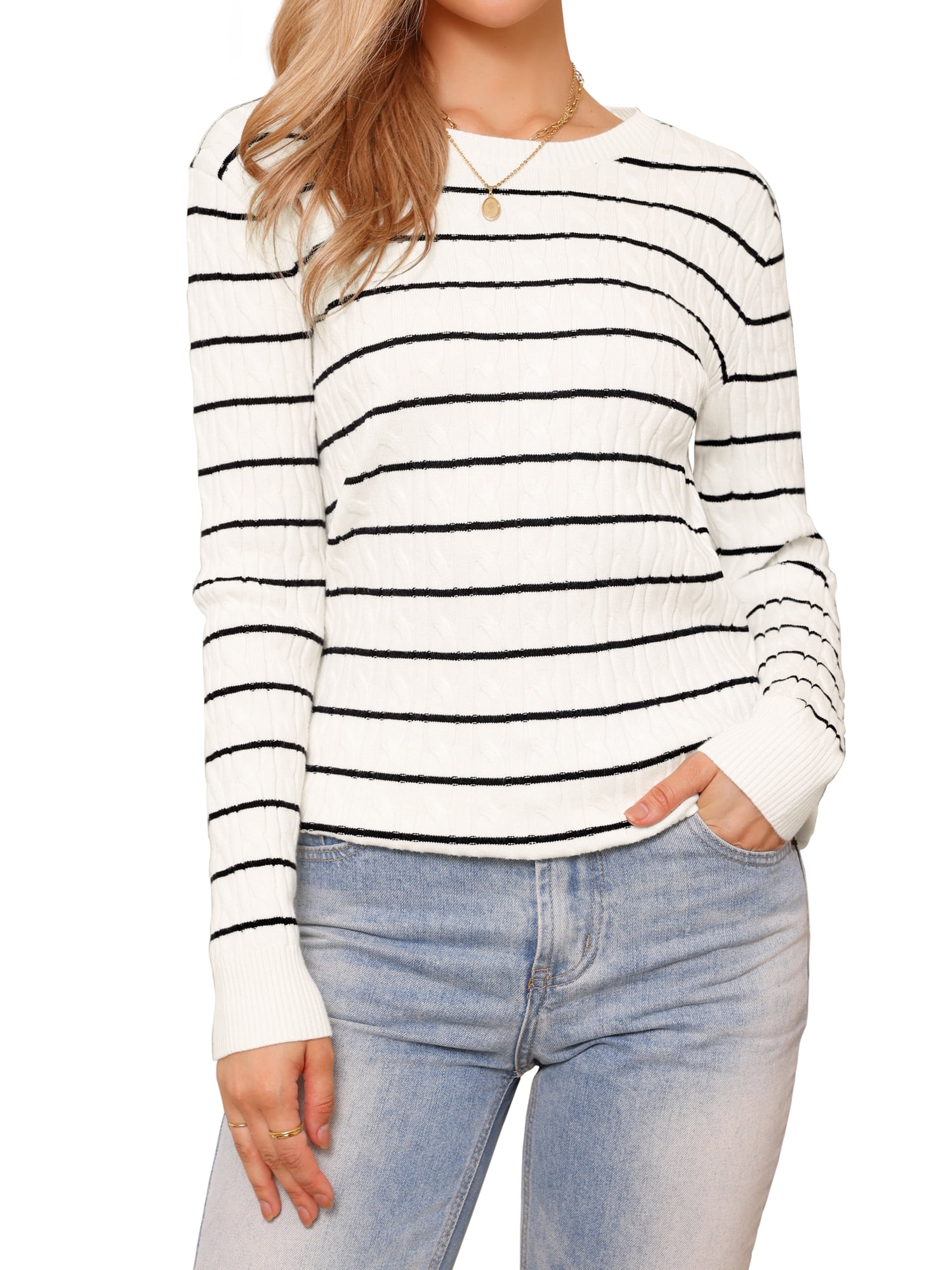 DARING DIVA Striped Round Neck Fall Winter Pullover Sweater Tops L White