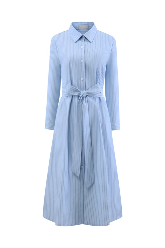 Striped Shirt Belt A-Line Button Down Dress L Blue