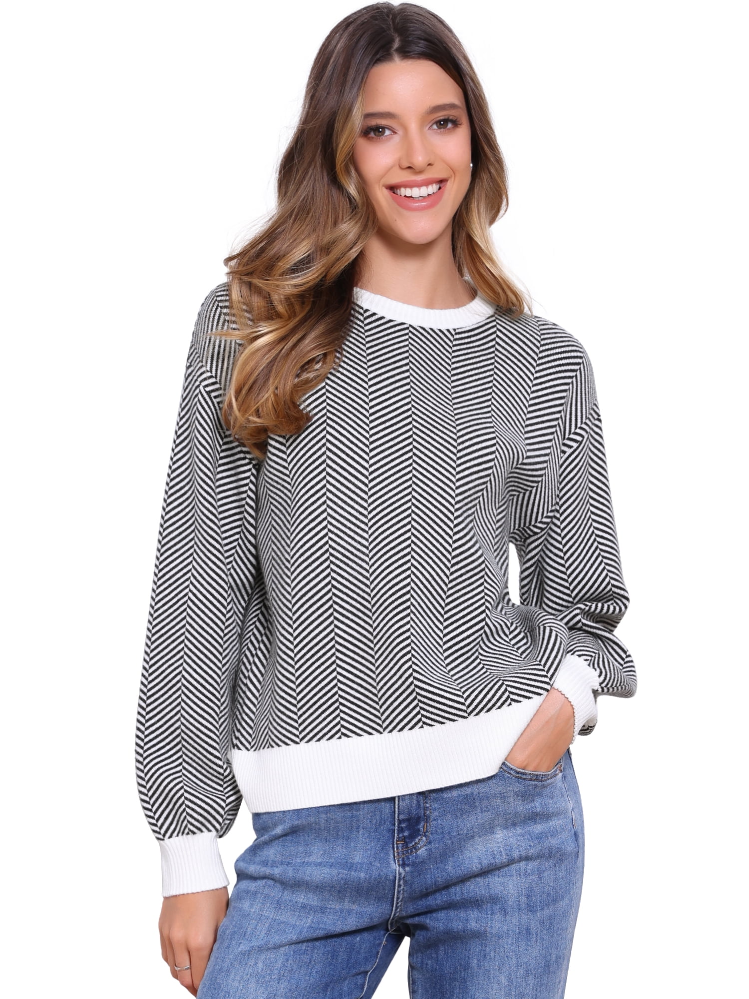 DARING DIVA Striped Sweater Crewneck Colorblock Knit Pullover Top XS Black White