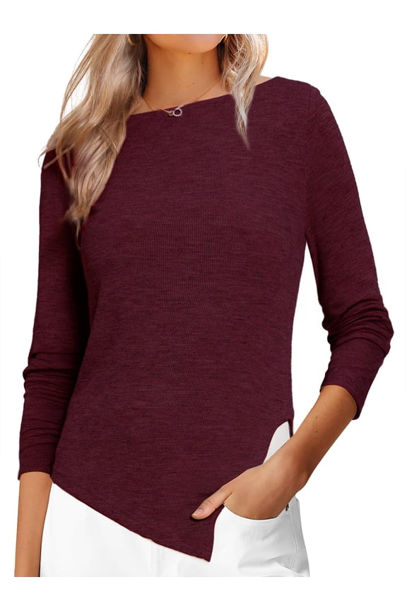 Women's Spring High Low Stylish Boat Neck Pullover Sweaters M Red
