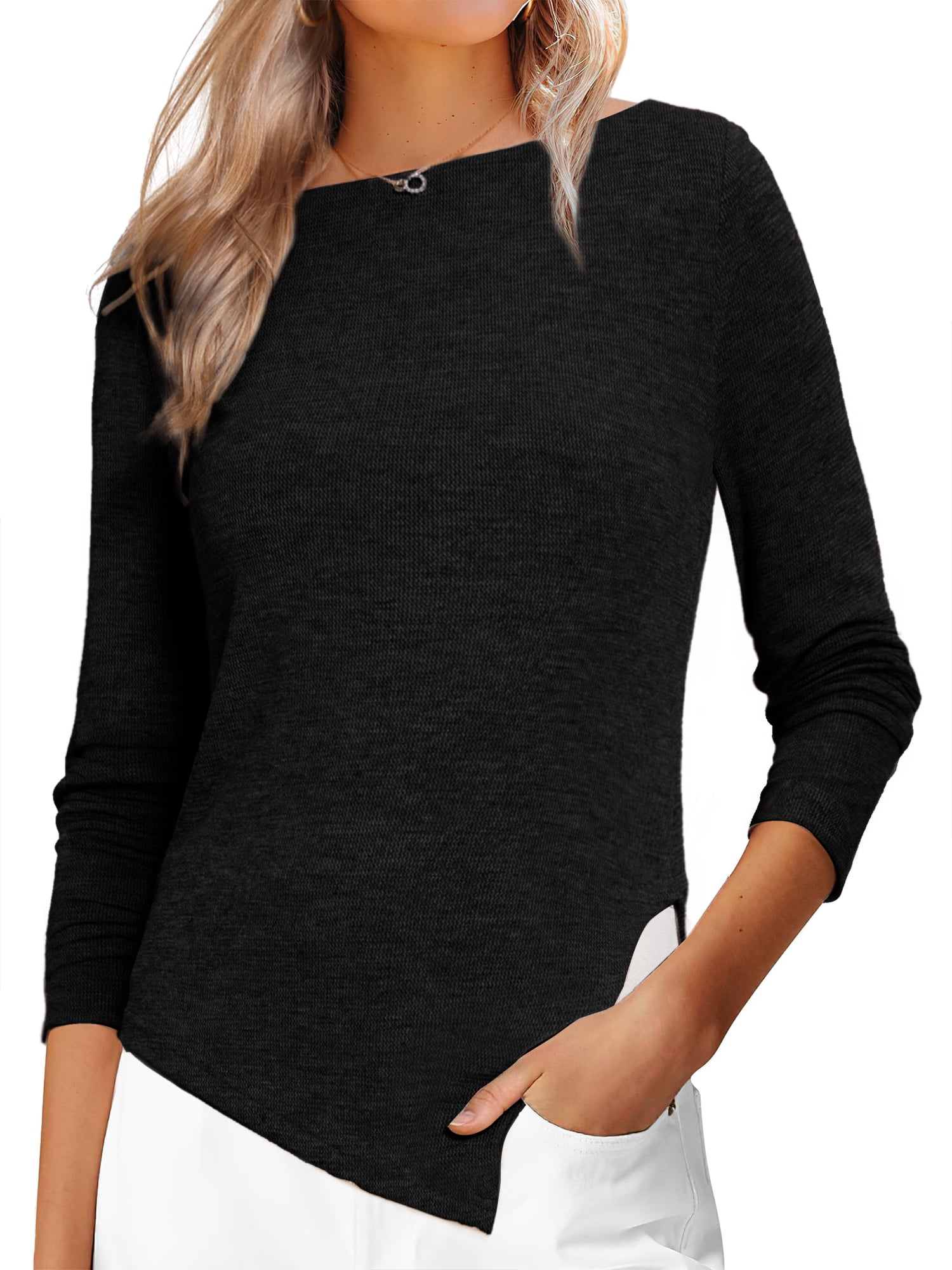 DARING DIVA Women's Spring High Low Stylish Boat Neck Pullover Sweaters S Black
