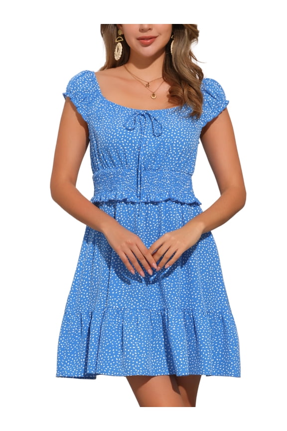 Stylish Boho Smocked Ruffle Floral Mini Dress M Blue