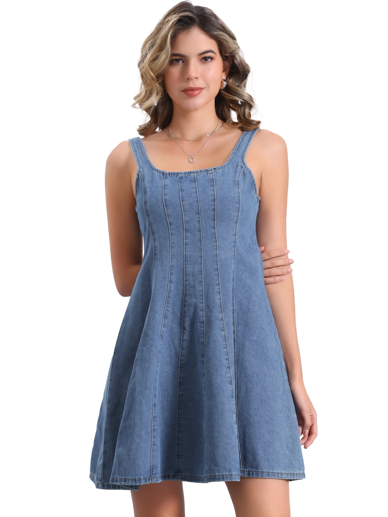 DARING DIVA Stylish Denim Casual Tank Square Neck Mini Dress M Light Blue