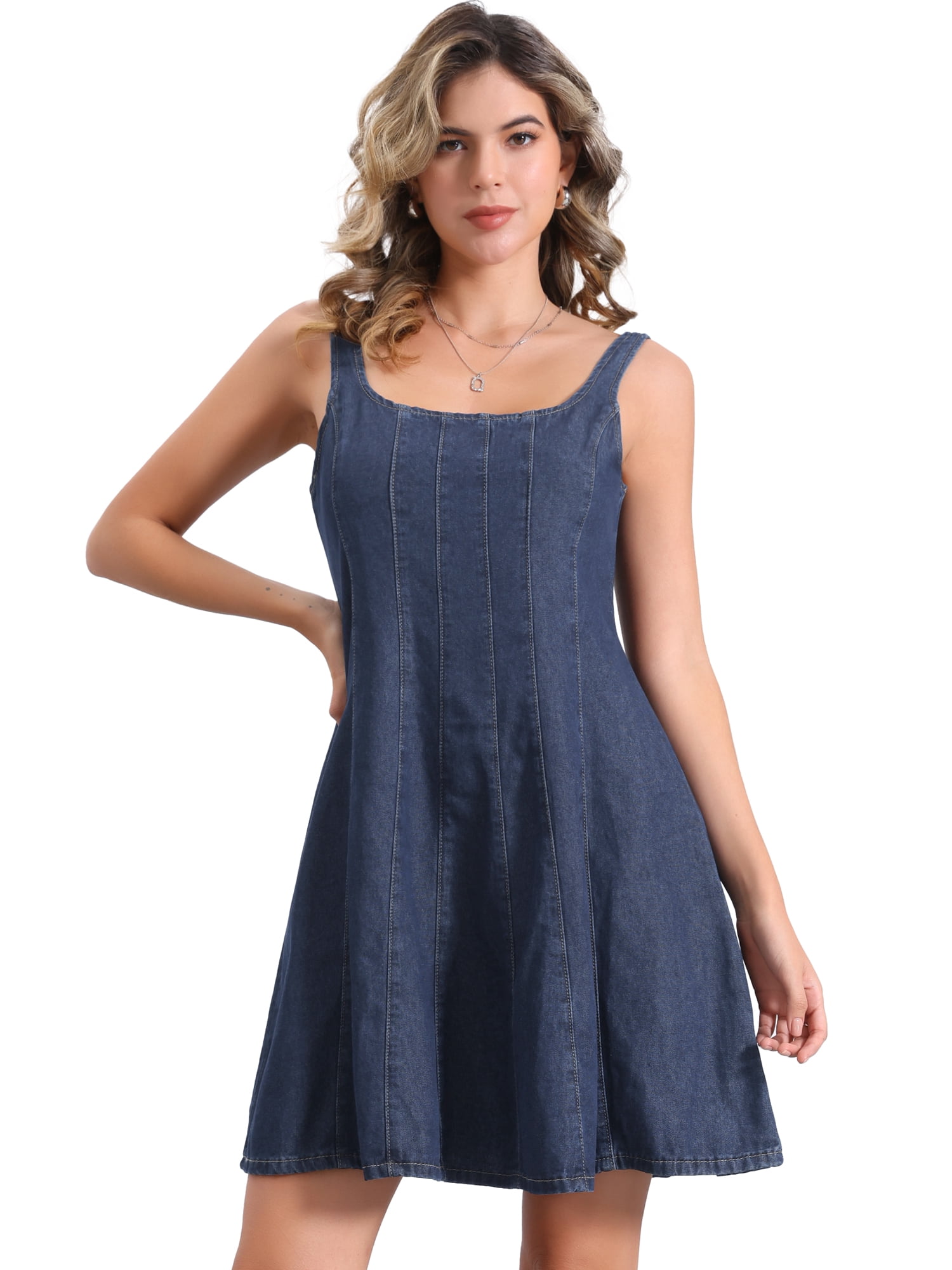 DARING DIVA Stylish Denim Casual Tank Square Neck Mini Dress S Dark Blue