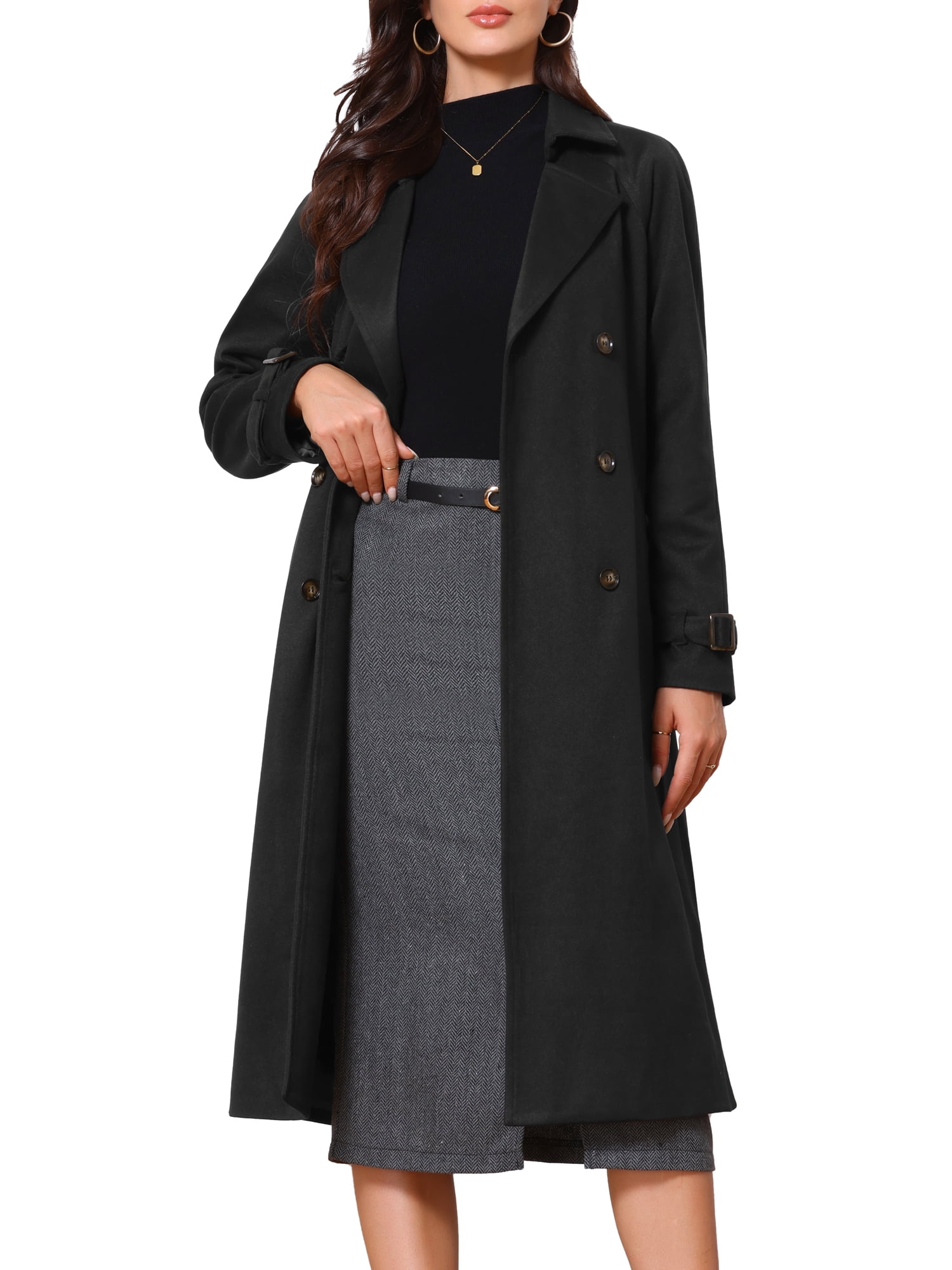 DARING DIVA Stylish Double Breasted Long Overcoat XS Black