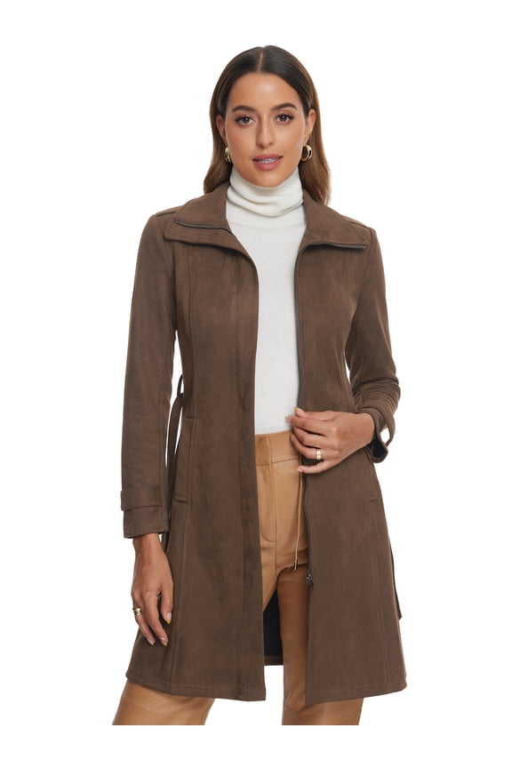 Women's Faux Suede Coat Belted Zipper Jacket for Stylish Wear L Coffee