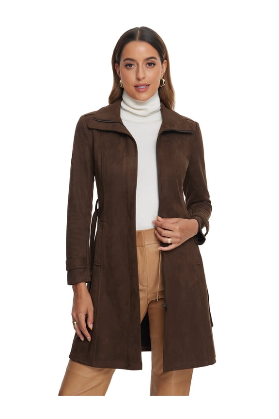 Stylish Faux Suede Coat Belted Long Zipper Jacket L Coffee