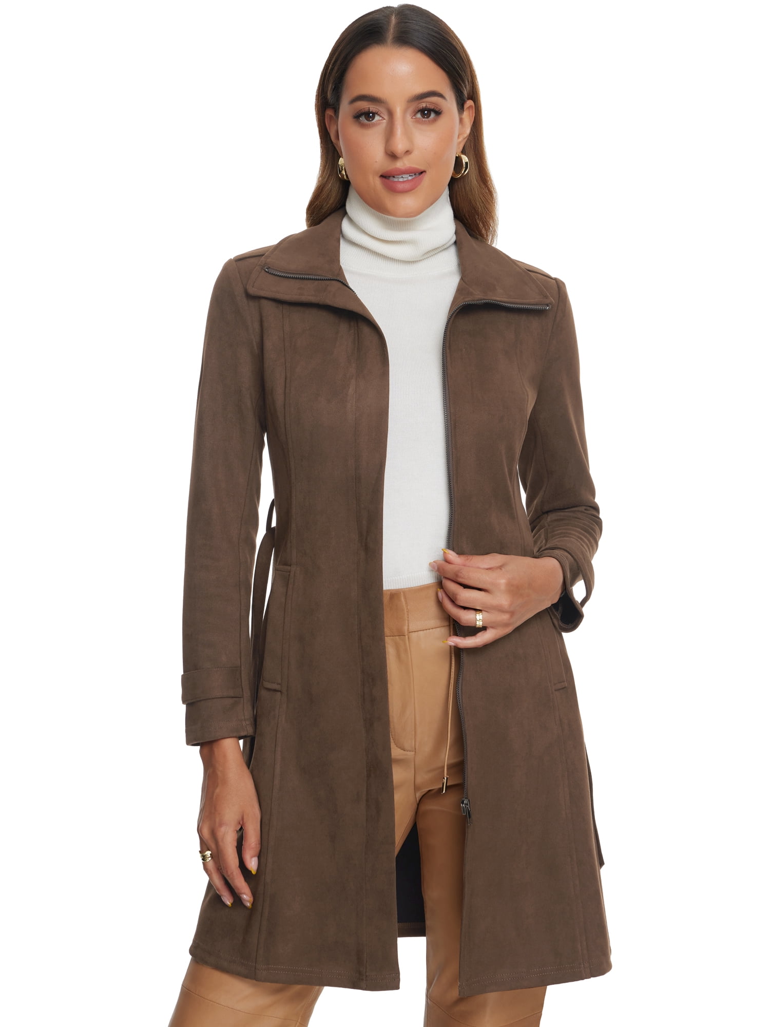 DARING DIVA Women's Faux Suede Coat Belted Zipper Jacket for Stylish Wear XS Coffee