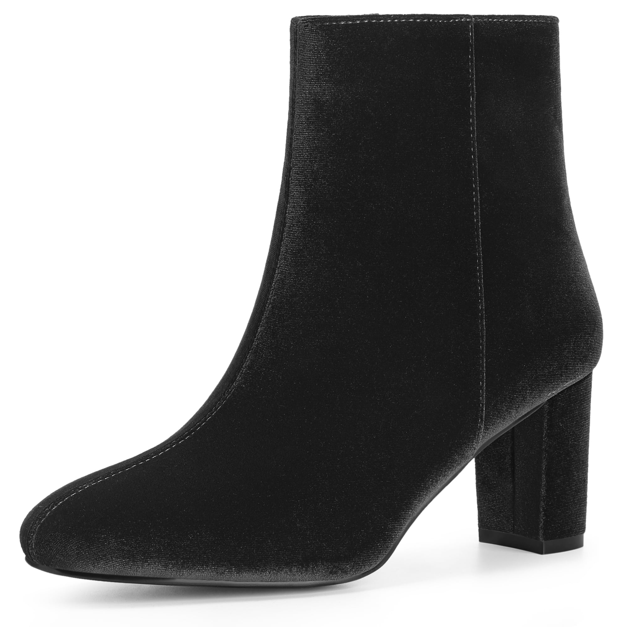 DARING DIVA Stylish Faux Velvet Round Toe Chunky Heels Ankle Boots Black 8