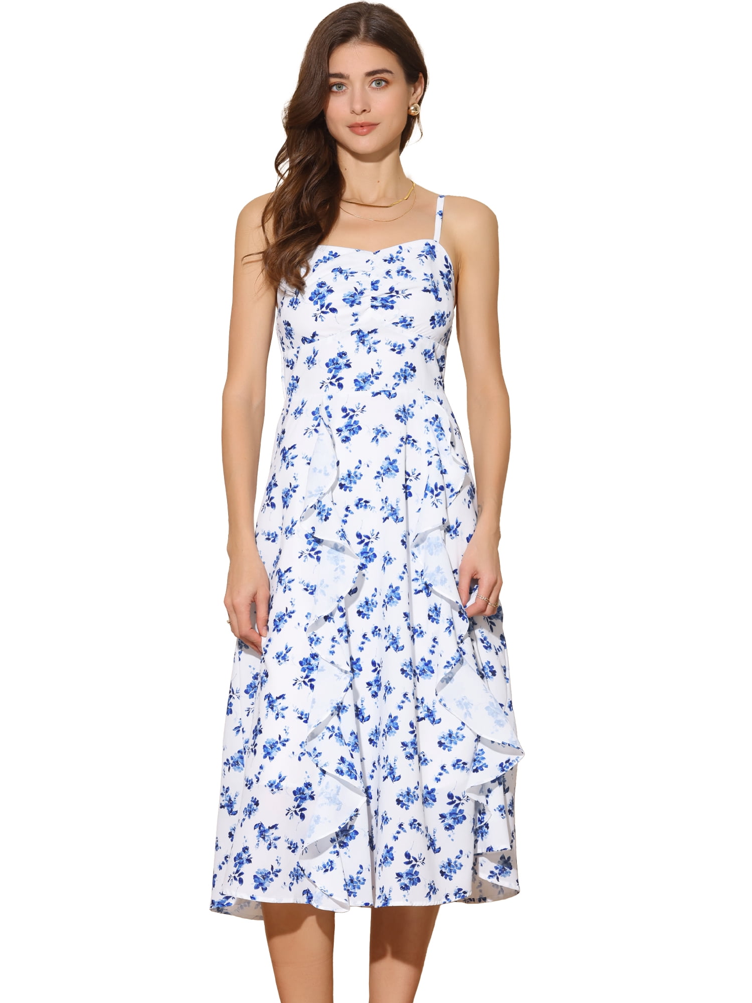 DARING DIVA Stylish Floral Midi Spaghetti Straps Shirred Back Dress S Blue