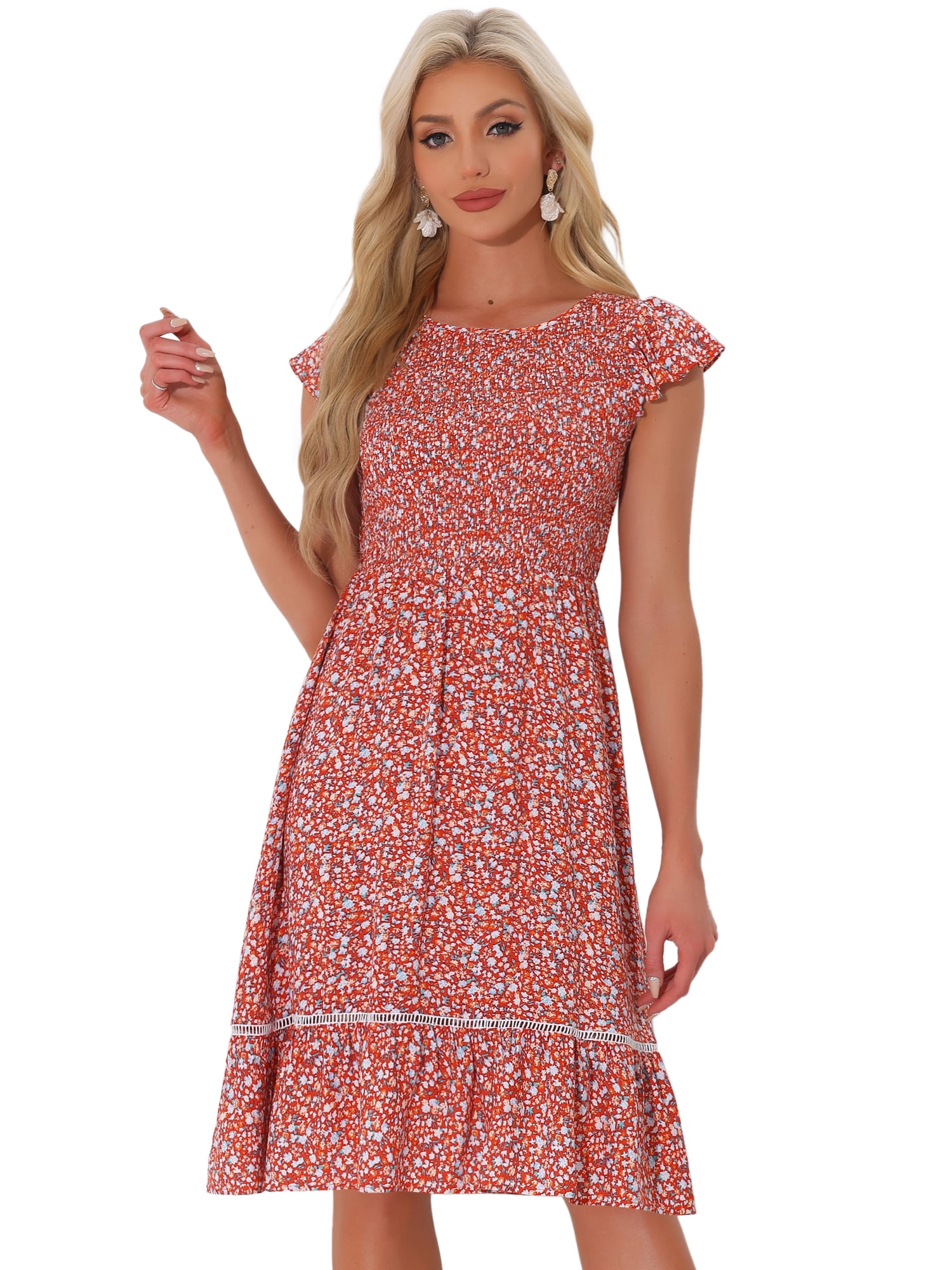 DARING DIVA Stylish Midi Smocked Floral Dress  M Red