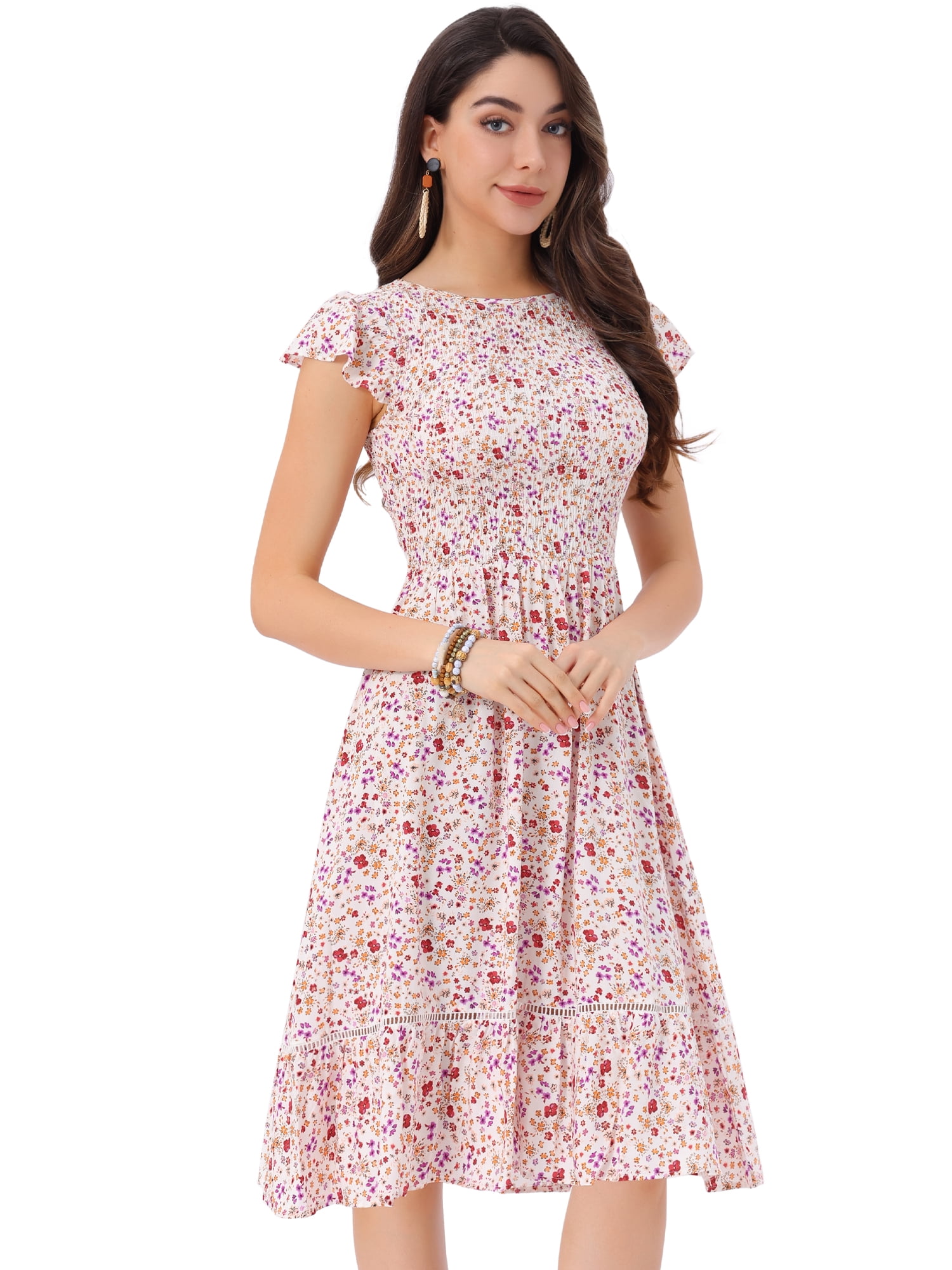 DARING DIVA Stylish Midi Smocked Floral Dress  M White