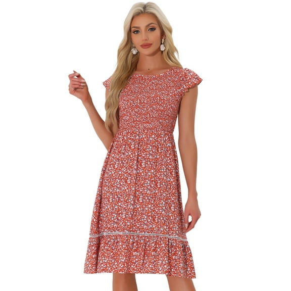 DARING DIVA Stylish Midi Smocked Floral Dress  XL Red