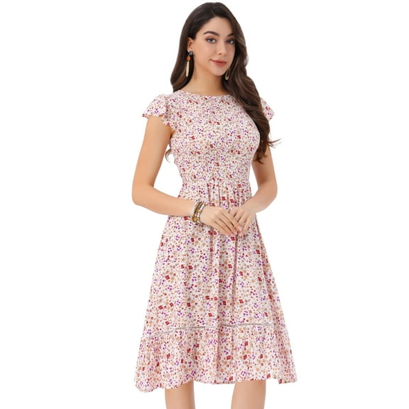 DARING DIVA Stylish Midi Smocked Floral Dress  XS White