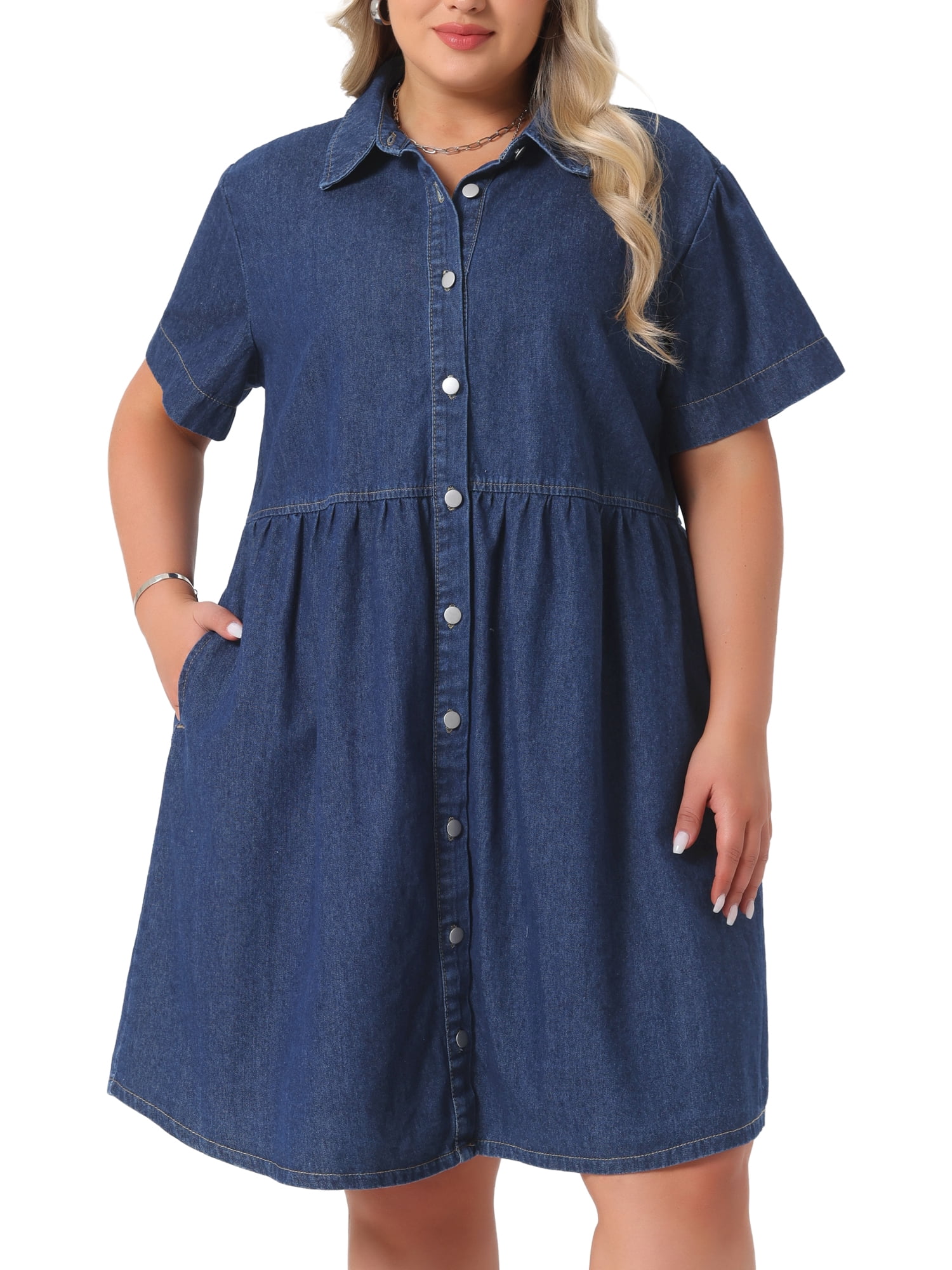 DARING DIVA Women's Plus Size Casual Denim Babydoll Pockets Dress 1X Dark Blue