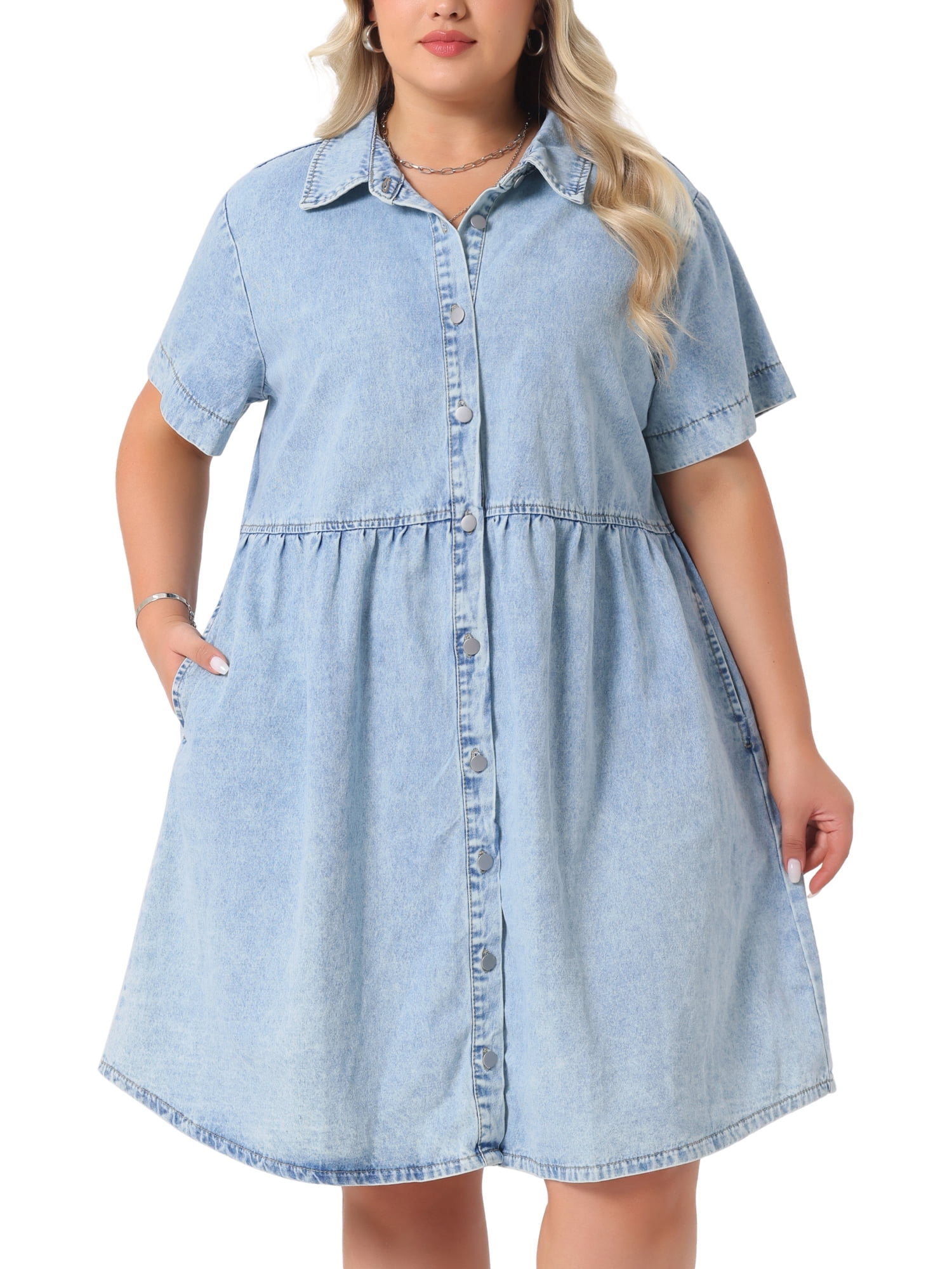 DARING DIVA Women's Plus Size Casual Denim Babydoll Pockets Dress 2X Light Blue