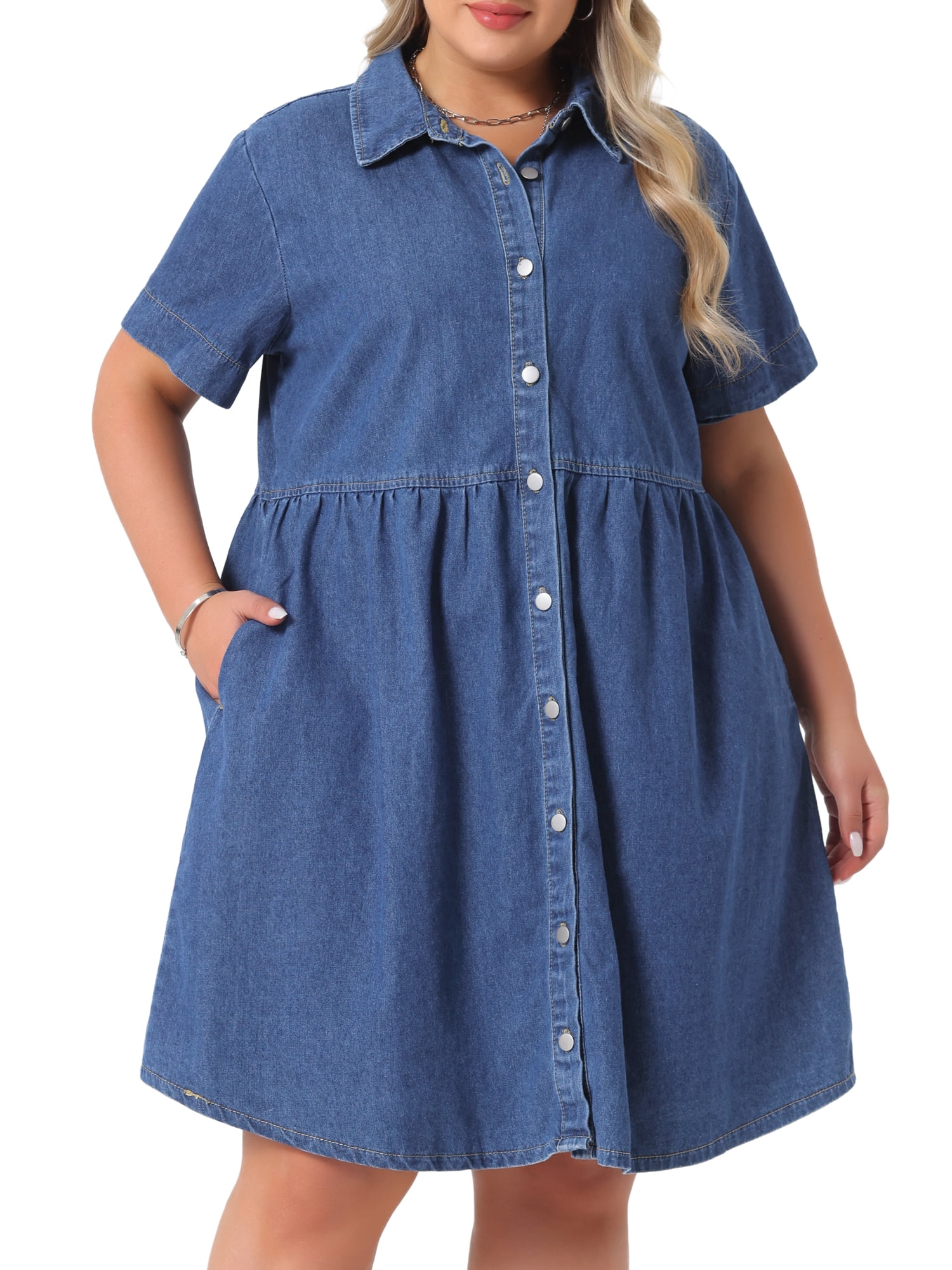 DARING DIVA Women's Plus Size Casual Denim Babydoll Pockets Dress 2X Mid Blue