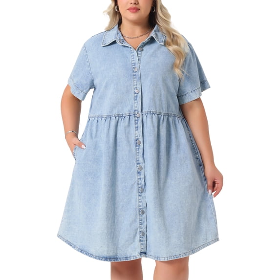 DARING DIVA Stylish Plus Size Denim Babydoll Pockets Dress 3X Light Blue