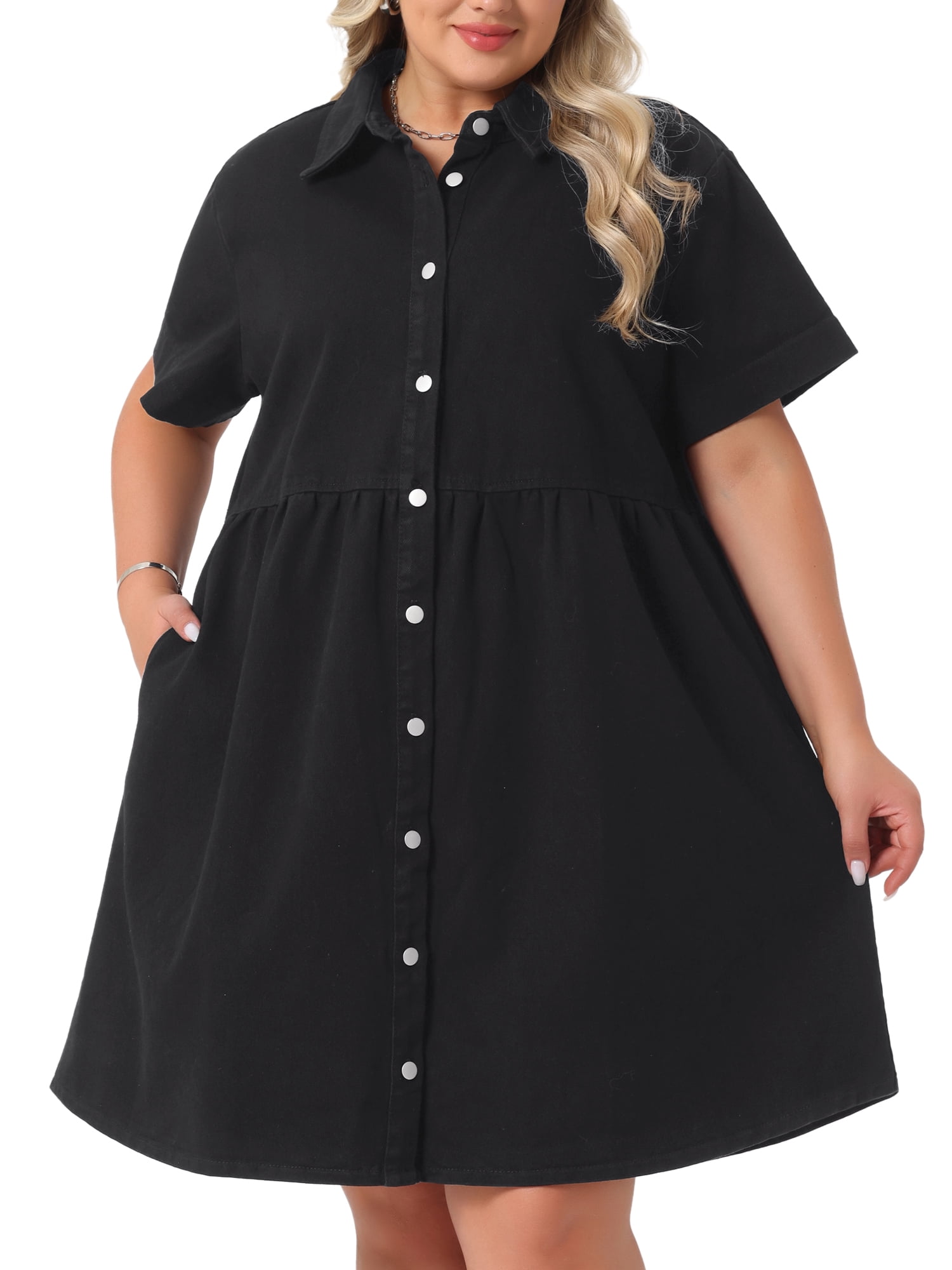 DARING DIVA Women's Plus Size Casual Denim Babydoll Pockets Dress 4X Black
