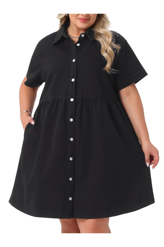 Stylish Plus Size Denim Babydoll Pockets Dress 4X Black