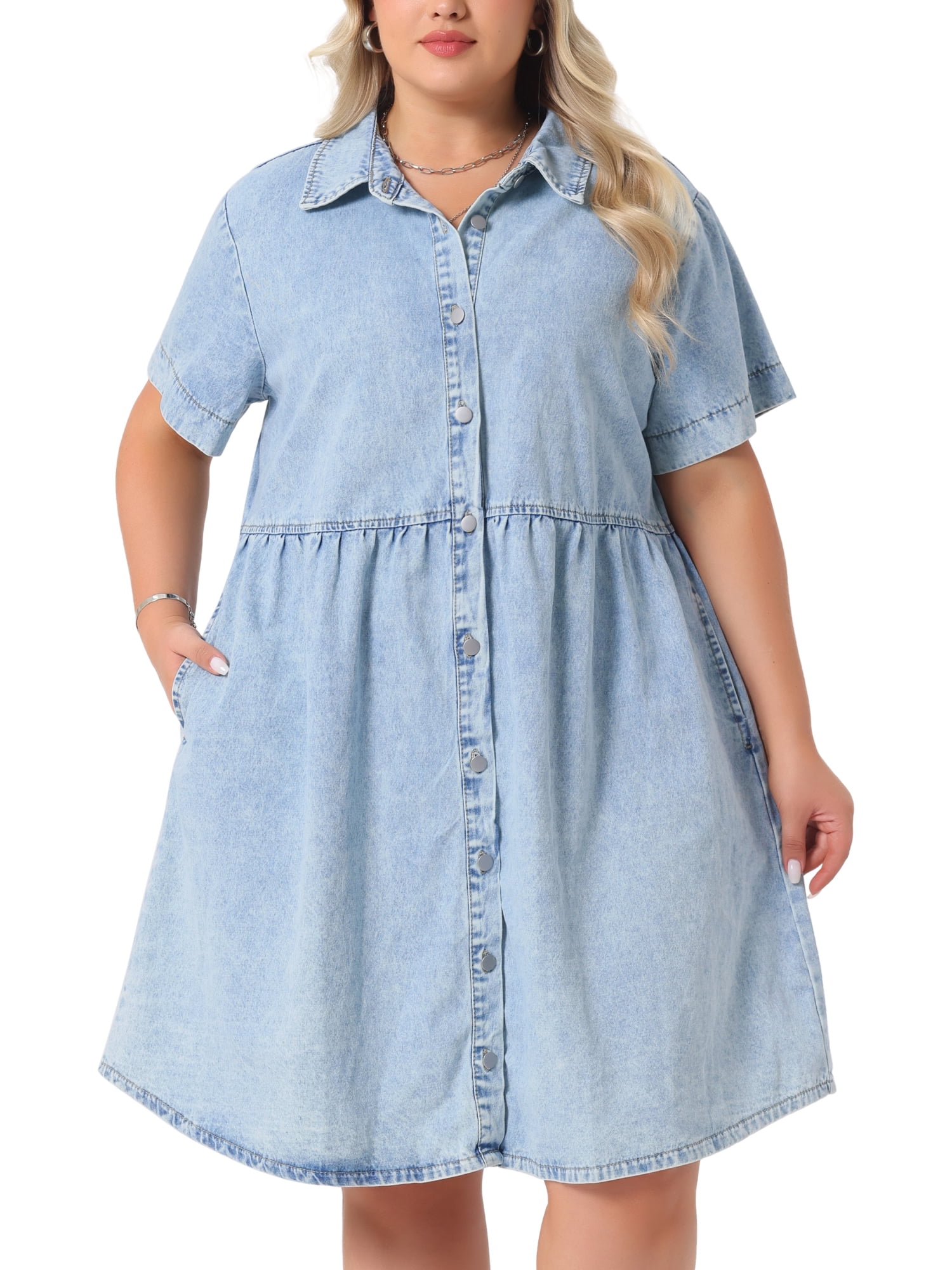 Daring Diva Stylish Plus Size Denim Babydoll Pockets Dress 4X Light Blue