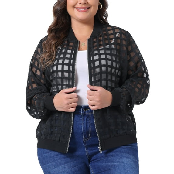 DARING DIVA Stylish Plus Size Mesh Sheer Zip Up Bomber Jacket 2X Black