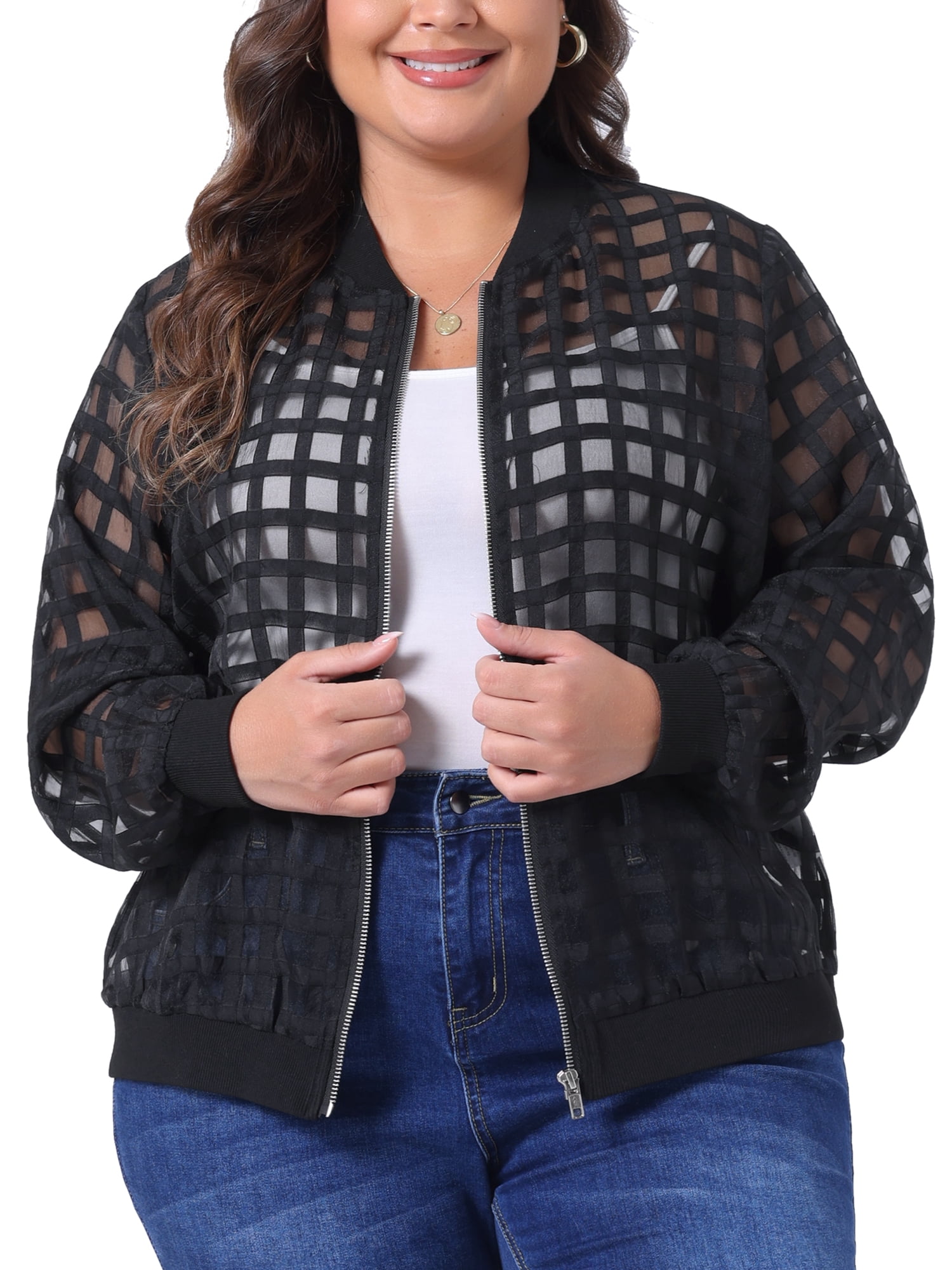 DARING DIVA Stylish Plus Size Mesh Sheer Zip Up Bomber Jacket 3X Black