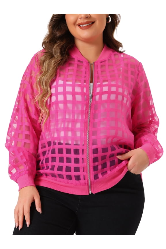 Stylish Plus Size Mesh Sheer Zip Up Bomber Jacket 3X Hot Pink
