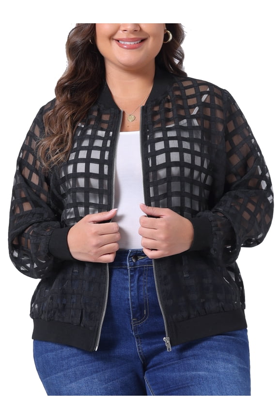 Stylish Plus Size Mesh Sheer Zip Up Bomber Jacket 4X Black