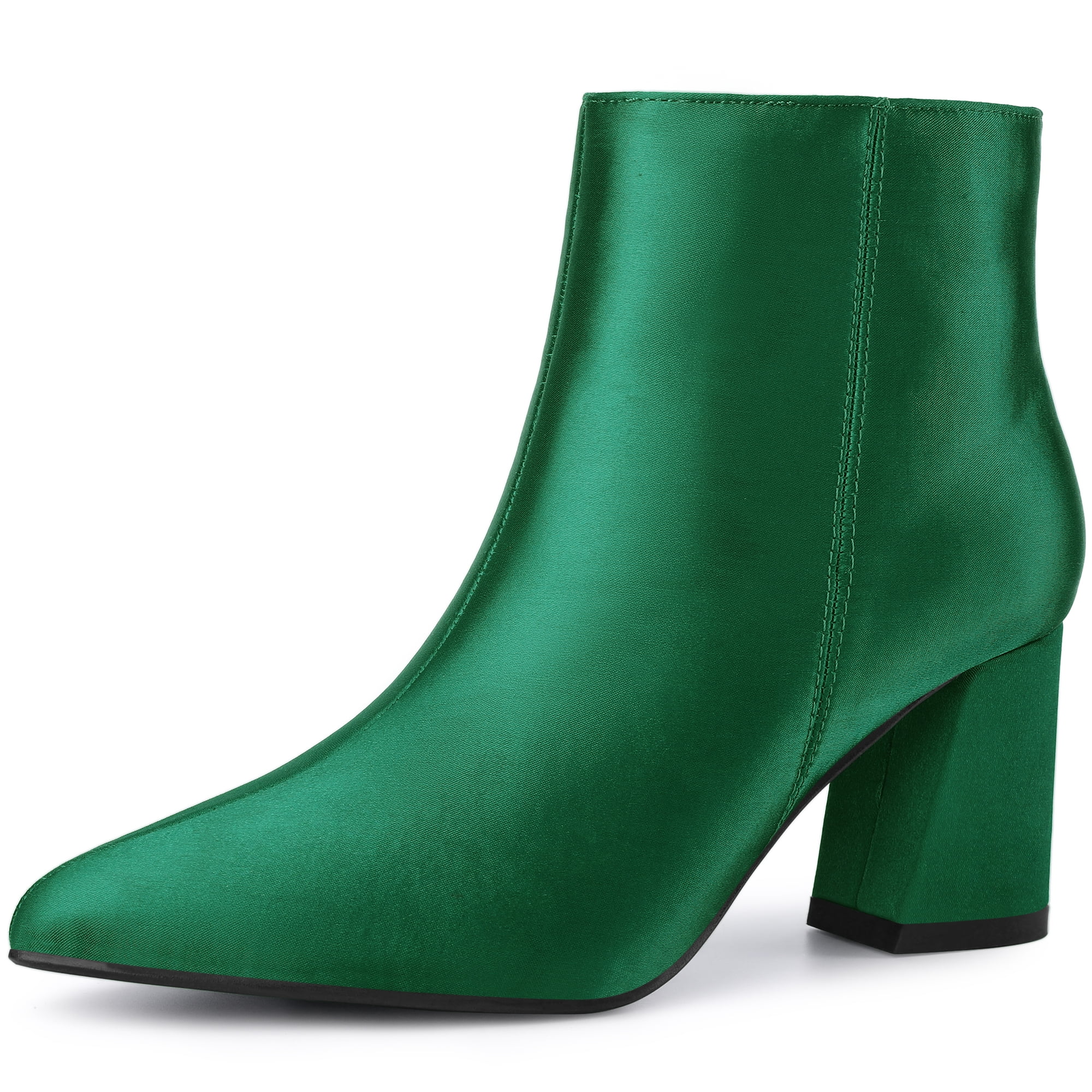 DARING DIVA Stylish Pointed Toe Chunky Heel Satin Ankle Boots Dark Green 8