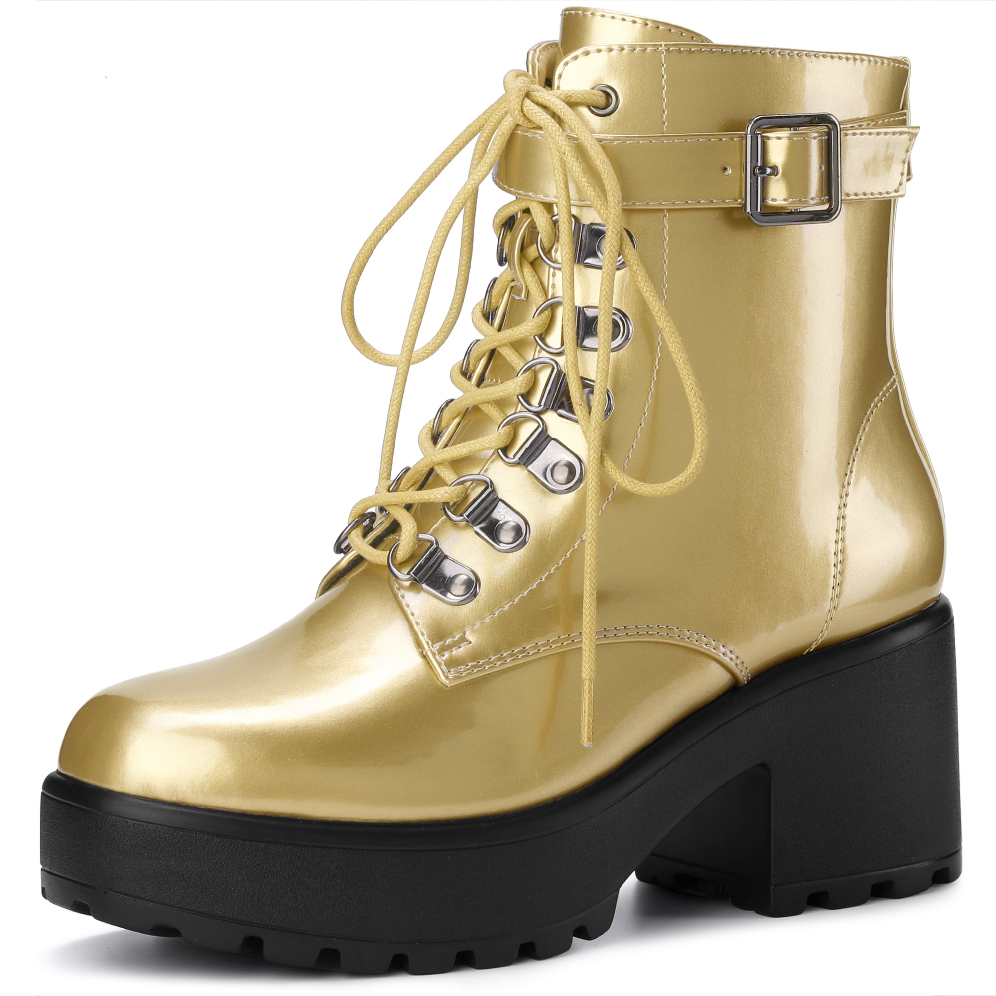 DARING DIVA Stylish Round Toe Platform Chunky Heels Combat Boots Gold 9