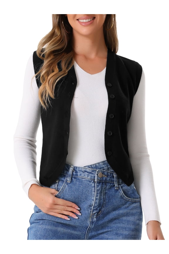Stylish Sleeveless V Neck Cropped Button Up Sweater Vest XS Black