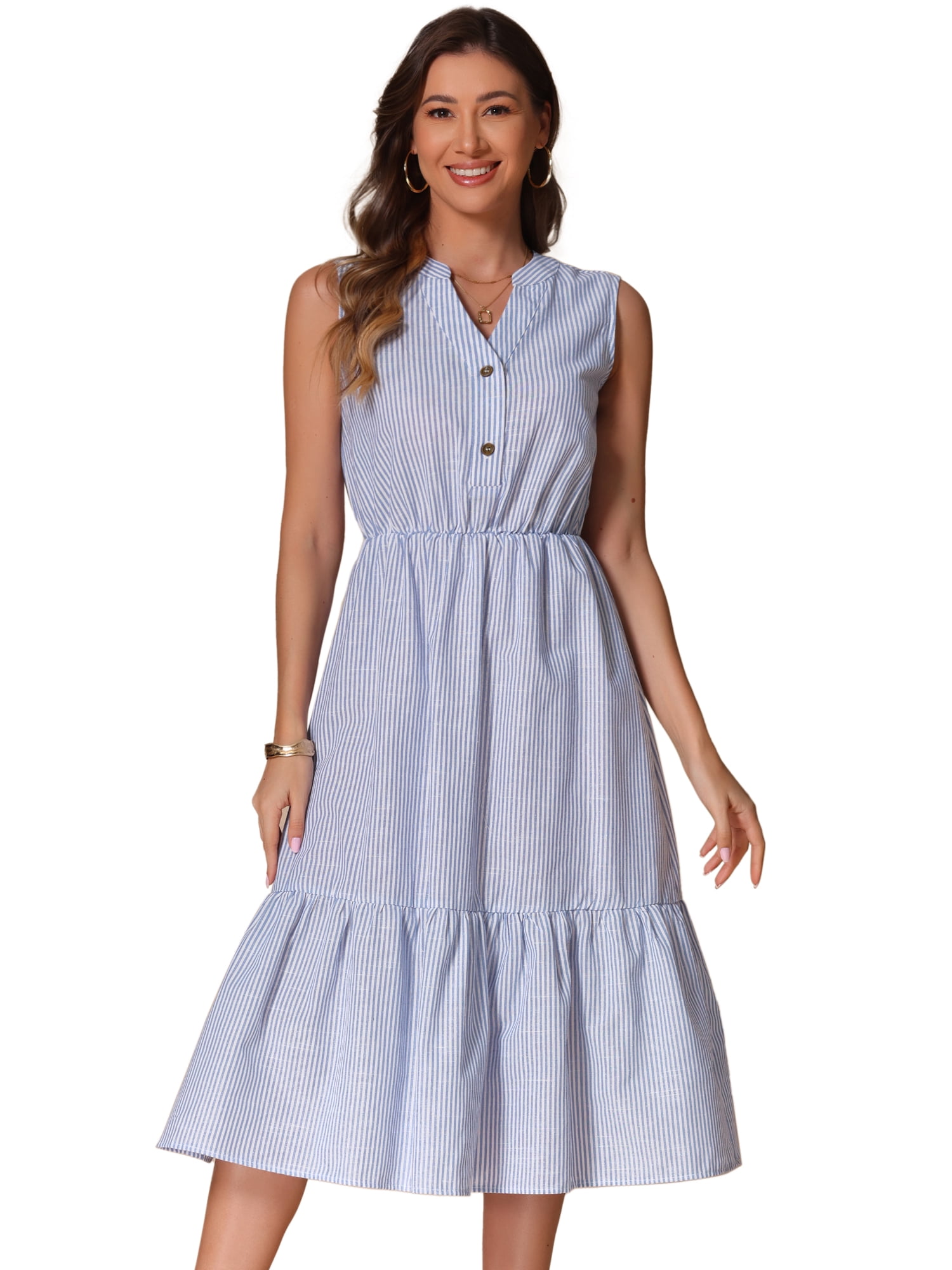 DARING DIVA Stylish Striped Midi V-Neck Sleeveless Dress S Blue