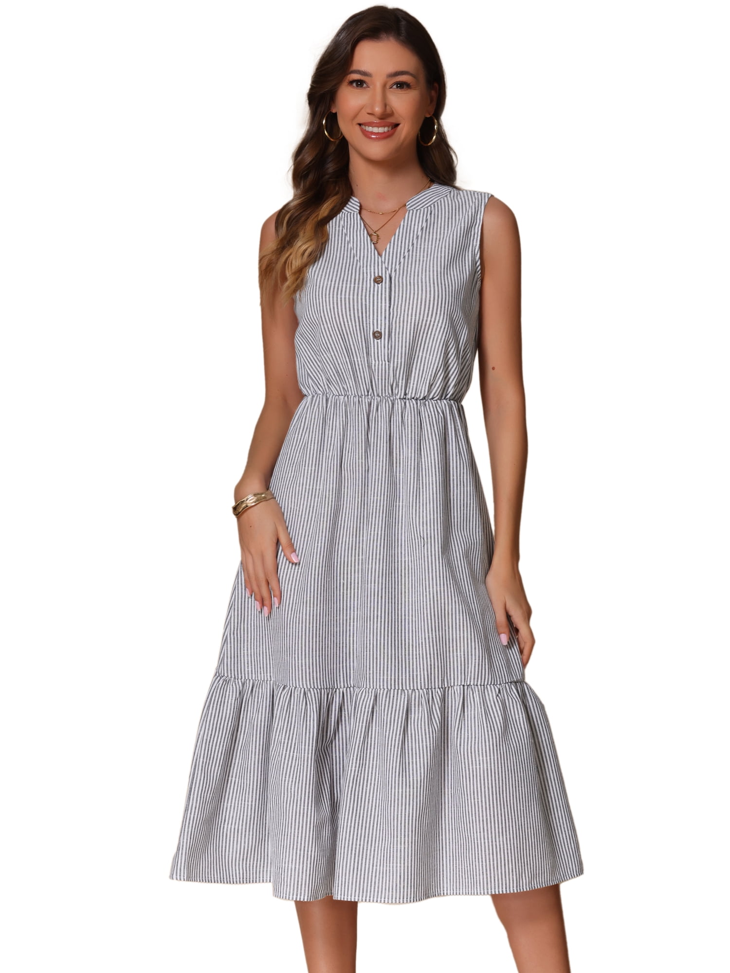 DARING DIVA Stylish Striped Midi V-Neck Sleeveless Dress XS Black