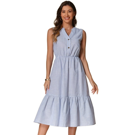 DARING DIVA Stylish Striped Midi V-Neck Sleeveless Dress XS Blue